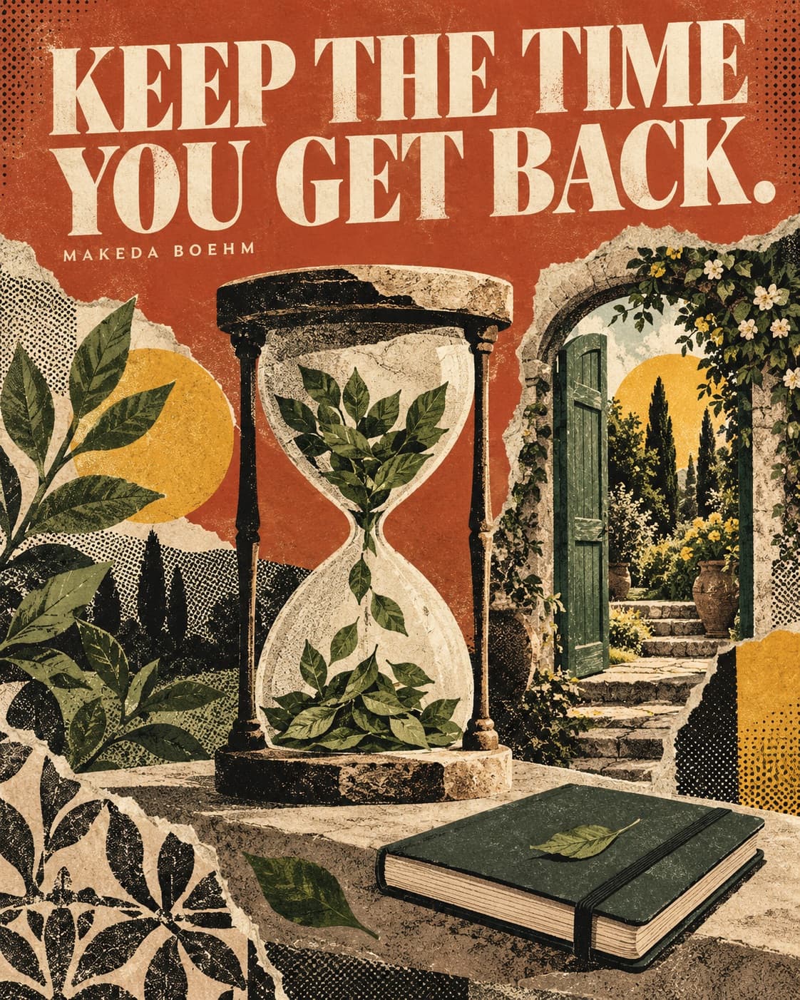 Original pop art poster: Keep the time you get back, with an hourglass, an open garden door, and a notebook