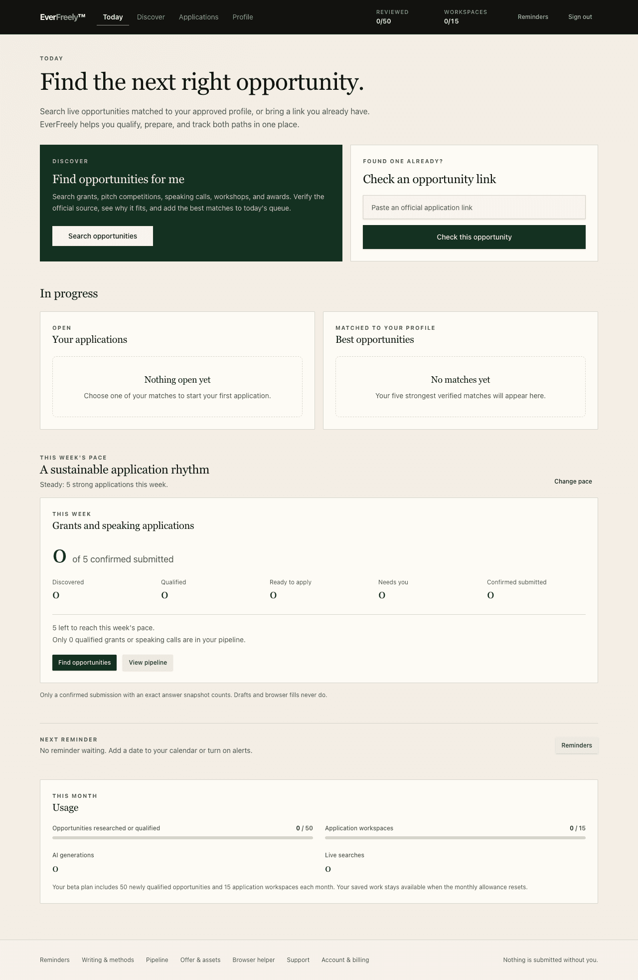 EverFreely test-account dashboard with options to discover opportunities or check an official link
