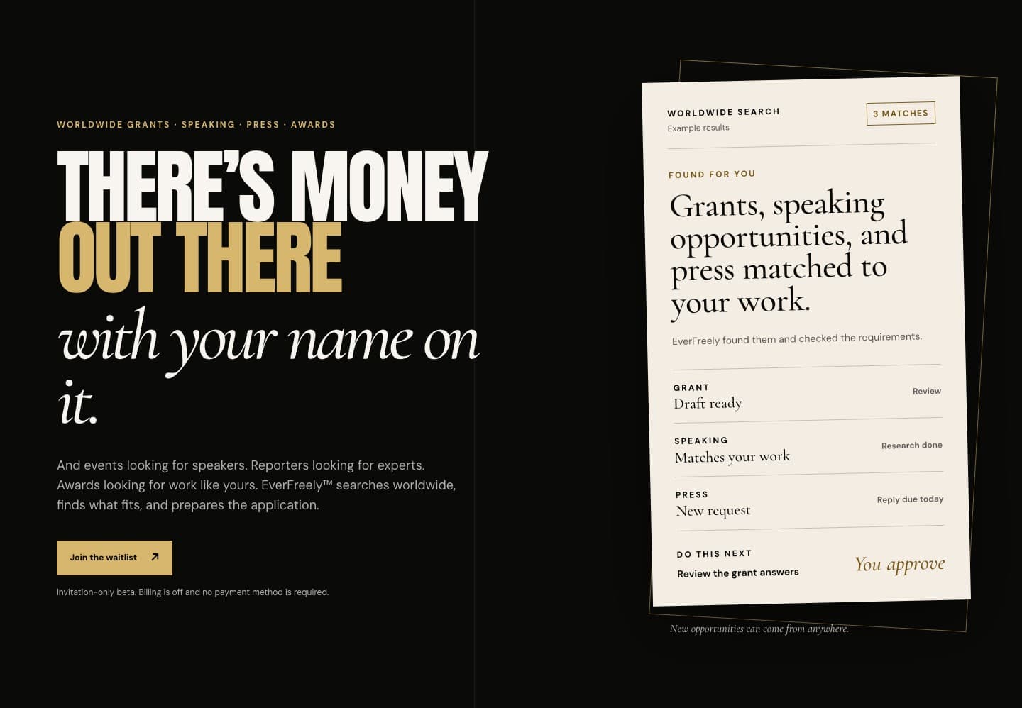 EverFreely gold welcome page with illustrative grant, speaking, and press matches