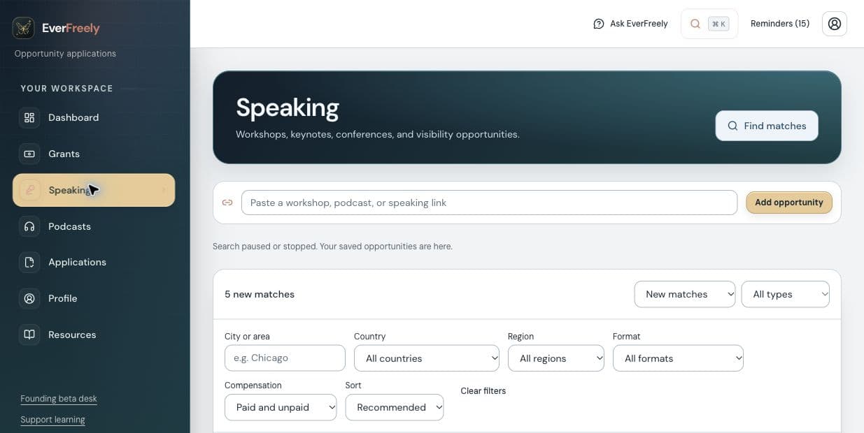 EverFreely's current speaking opportunity browser with location, format, and compensation filters