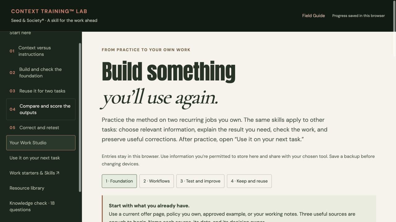 The Work Studio with steps for building business information, task instructions, testing, and reuse