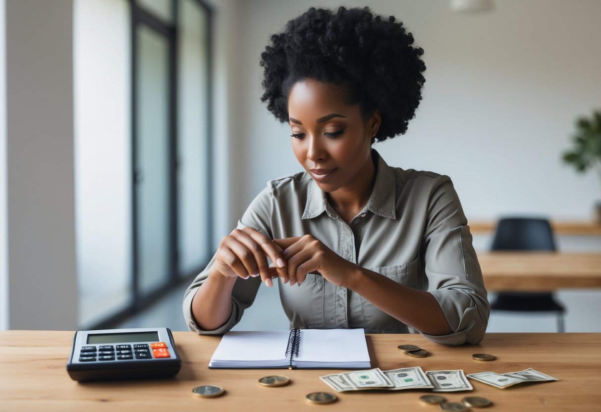 A Black woman in practical clothing sitting at a table with money-related items, looking thoughtful and engaged.